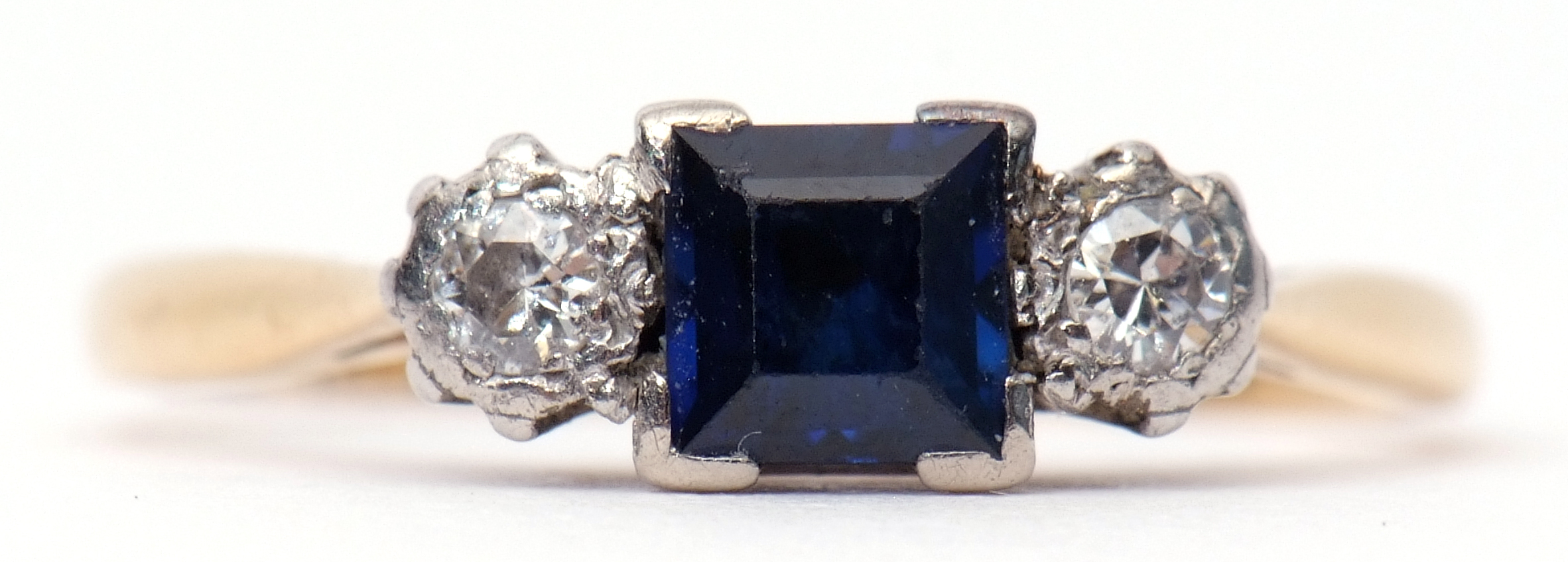 Art Deco sapphire and diamond ring, the square cut sapphire flanked by two small brilliant cut - Image 8 of 8