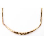 9ct gold necklace, a rope twist crescent design supported on a box link chain (a/f), gross weight