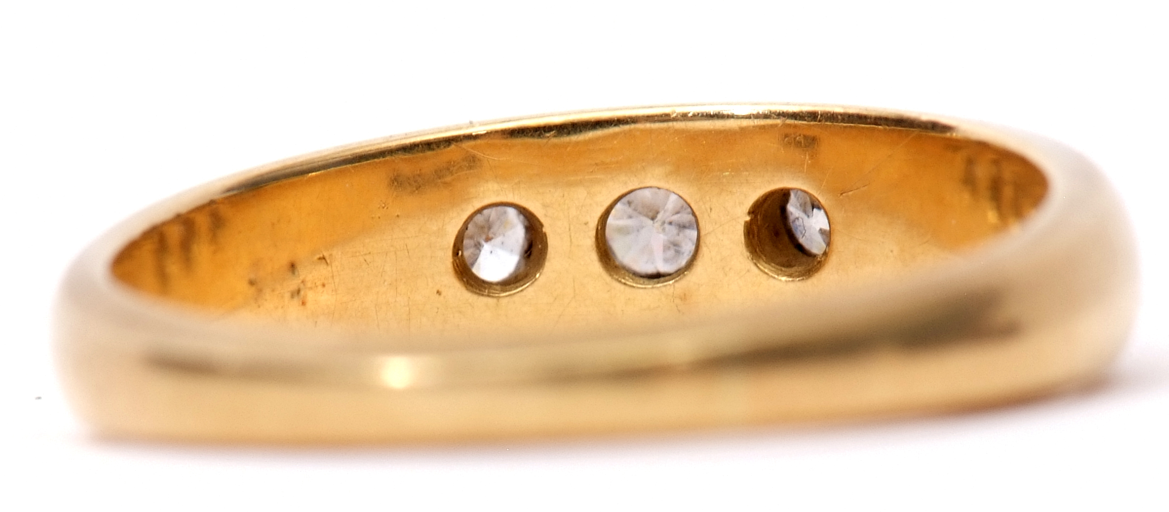 18ct gold and three stone diamond ring, featuring three small graduated brilliant cut diamonds, each - Image 3 of 8