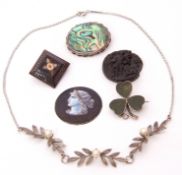 Mixed Lot: vintage square piquet brooch, a white metal 925 and abalone shell brooch, a hardstone