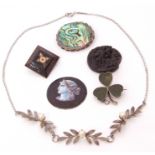 Mixed Lot: vintage square piquet brooch, a white metal 925 and abalone shell brooch, a hardstone