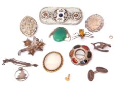 Mixed Lot: vintage St Justin pewter Battersea shield brooch, a Scottish agate pierced brooch, a