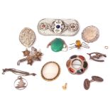 Mixed Lot: vintage St Justin pewter Battersea shield brooch, a Scottish agate pierced brooch, a