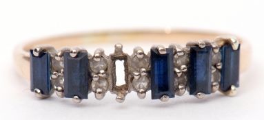 14K stamped sapphire and paste set ring featuring 5 rectangular cut synthetic sapphires (one