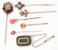 Mixed Lot: six various stick pins and paste set mourning brooch