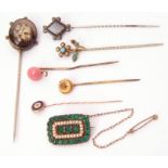 Mixed Lot: six various stick pins and paste set mourning brooch