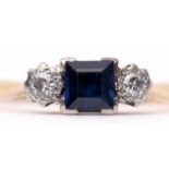 Art Deco sapphire and diamond ring, the square cut sapphire flanked by two small brilliant cut