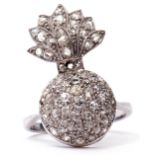 Diamond cluster cocktail ring in the form of a pineapple (one diamond missing), stamped 18ct, size