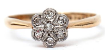 Precious metal diamond cluster ring featuring seven single cut diamonds in a flower head design,