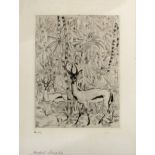•AR Andre Sureda (1872-1930)l, Antelopes amongst trees, black and white etching, signed in pencil to