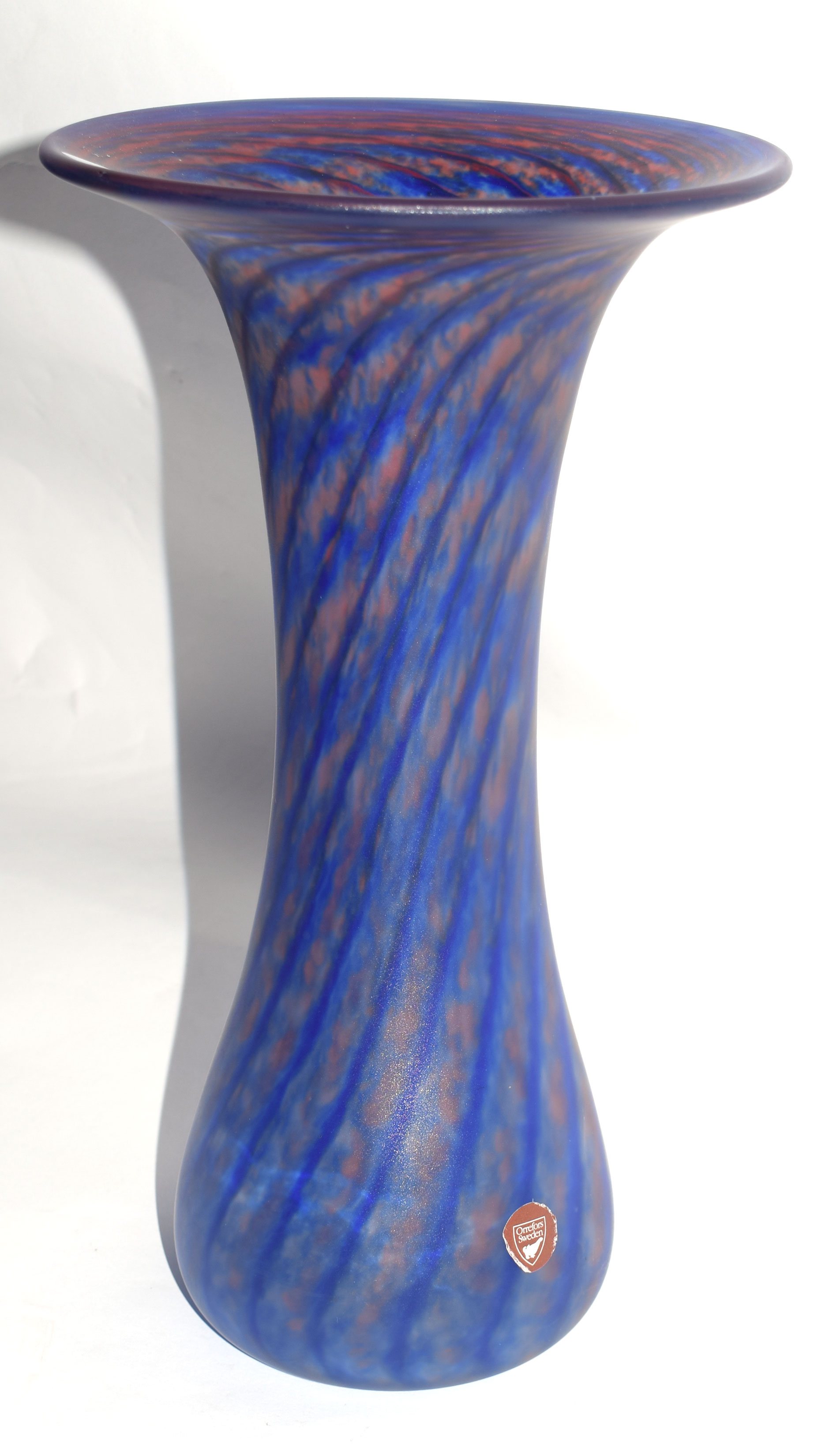 Orrefors vase, the tapered body with a swirling blue design, 33cm high