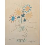 After Picasso, Flower and hands, coloured print, 64 x 49cm