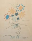 After Picasso, Flower and hands, coloured print, 64 x 49cm