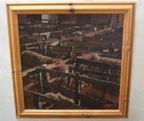 •AR Nick Lyons (contemporary), Sheep in pens, oil on board, signed and dated 97 lower right, 59 x