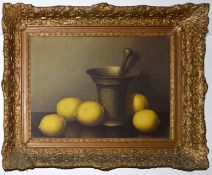 •AR Nicolaas Bruynesteyn (1893-1950), Still Life study of lemons with bronze pestle and mortar,