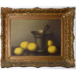 •AR Nicolaas Bruynesteyn (1893-1950), Still Life study of lemons with bronze pestle and mortar,