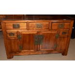 Modern Chinese hardwood sideboard, central double door cupboard, flanked either side by two small