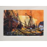•AR John Sutton (20th century), "Barges at Sunrise", linocut, signed, dated 1972, numbered 1/16