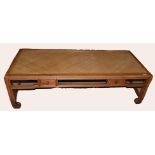 20th century Chinese coffee table with rush work top and two drawers, 170cm wide