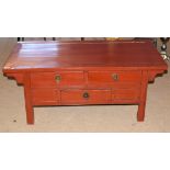 Modern Chinese style hardwood table with three drawers, painted in red, 122cm wide
