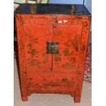 20th century Oriental hardwood cupboard, the front panel with Chinese decoration, 61cm wide