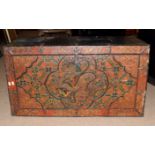 20th century hardwood trunk with Chinese decoration to front panel, 96 x 53cm