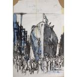 •AR Sir Frank Brangwyn, RA, RWS (1867-1956), Launch of the Sopwith , pen, ink and watercolour