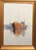 •AR Ron Belling (1933-1998), Ships in harbour, oil on board, signed lower left, 74 x 50cm