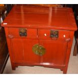 20th century Chinese style hardwood cupboard, two drawers over two doors, painted red, 81cm wide x