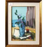 Modern School (20th century), Still Life study of a vase of flowers by a window with coast beyond,