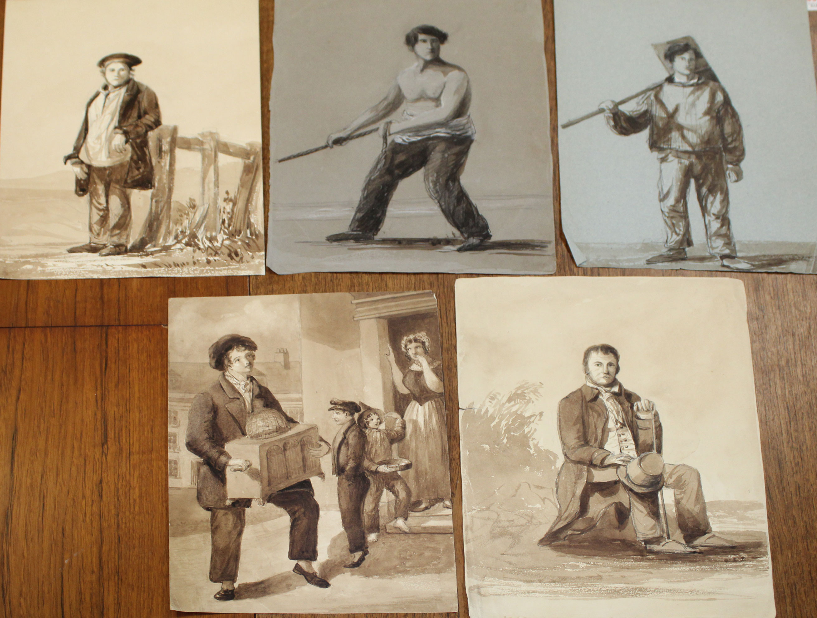 English School (19th century), Country figures, group of five sepia watercolours, 35 x 25cm, all