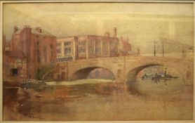 Jonathan Edward Hodgkin RBA (1875-1953), Town river scene with bridge, watercolour, signed and dated