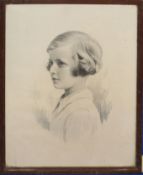 English School (20th century), Head and shoulders portrait of a young girl, pencil drawing, 37 x
