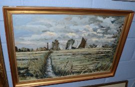 Patrick J Boswell (born 1942) Broadland scene with wherries, oil on canvas, signed lower left, 50