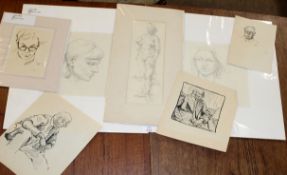 Alan Jones (20th century), Portrait studies, group of seven pencil and pen and ink drawings,