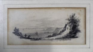 English School (19th century), Coastal scene with figures, pencil drawing, 6 x 12cm