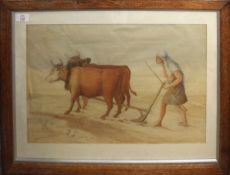 Continental school (19th century), Figure with oxen ploughing, watercolour, 35 x 52cm