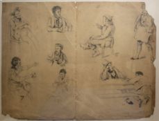 J M (19th century), Vignette studies of rural figures, pencil drawing on one folding page,