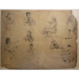 J M (19th century), Vignette studies of rural figures, pencil drawing on one folding page,