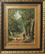 English School (19th century), Wooded lane with figures resting, oil on canvas, 44 x 34cm