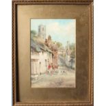 Walter Henry Sweet, signed watercolour, West Country village with hunt party, 28 x 18cms