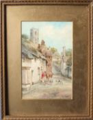 Walter Henry Sweet, signed watercolour, West Country village with hunt party, 28 x 18cms