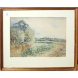 Charles Harmony Harrison (1842-1902), River landscape with distant church, watercolour, signed lower