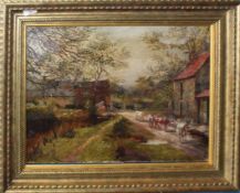 J A S Brown (19th century), Cattle by farm buildings, oil on canvas, signed and dated 1893 lower