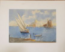Joseph Galea (1904-1985), Boats off Malta, watercolour, signed lower right, 23 x 32cm, mounted but