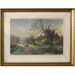 Henry Charles Fox, RBA (1860-1929), Country lane with cattle by a cottage, watercolour, signed and