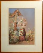 19th century Italian School, watercolour, Mother and child at a shrine, monogrammed lower right