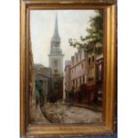 English School (19th century), Street scene in a University town, oil on canvas, indistinctly