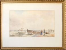 H F Neave (19th century), Pair of coastal scenes with fisherfolk and boats, pair of watercolours,