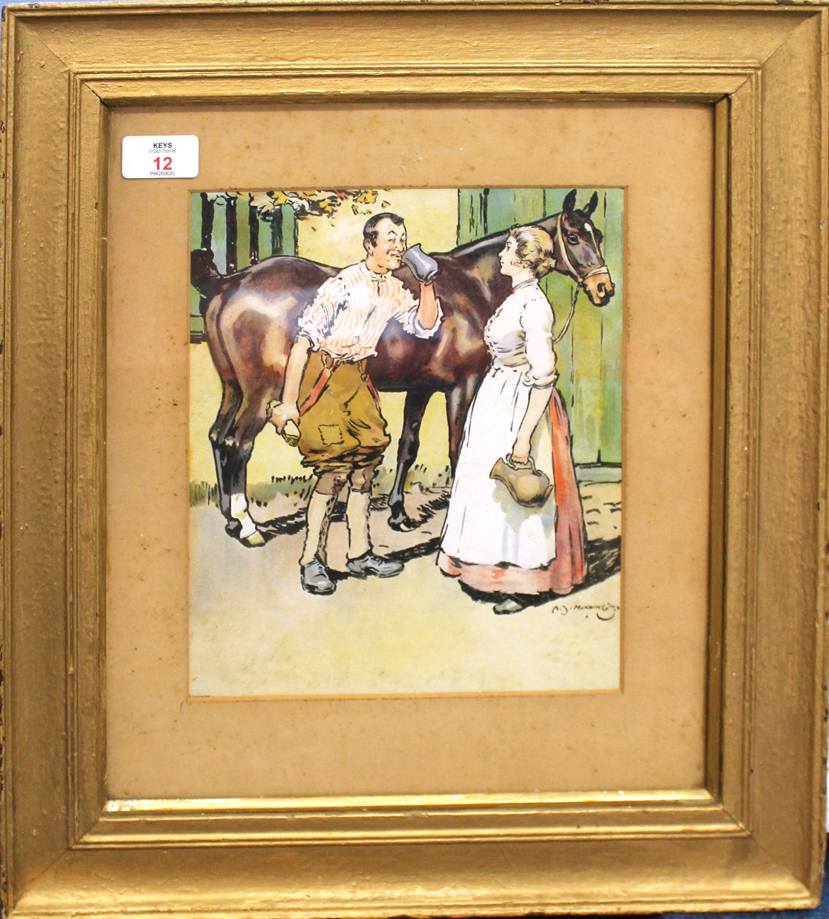 After Alfred J Munnings, Couple and horse before a stable, chromolithograph, 26 x 21cm